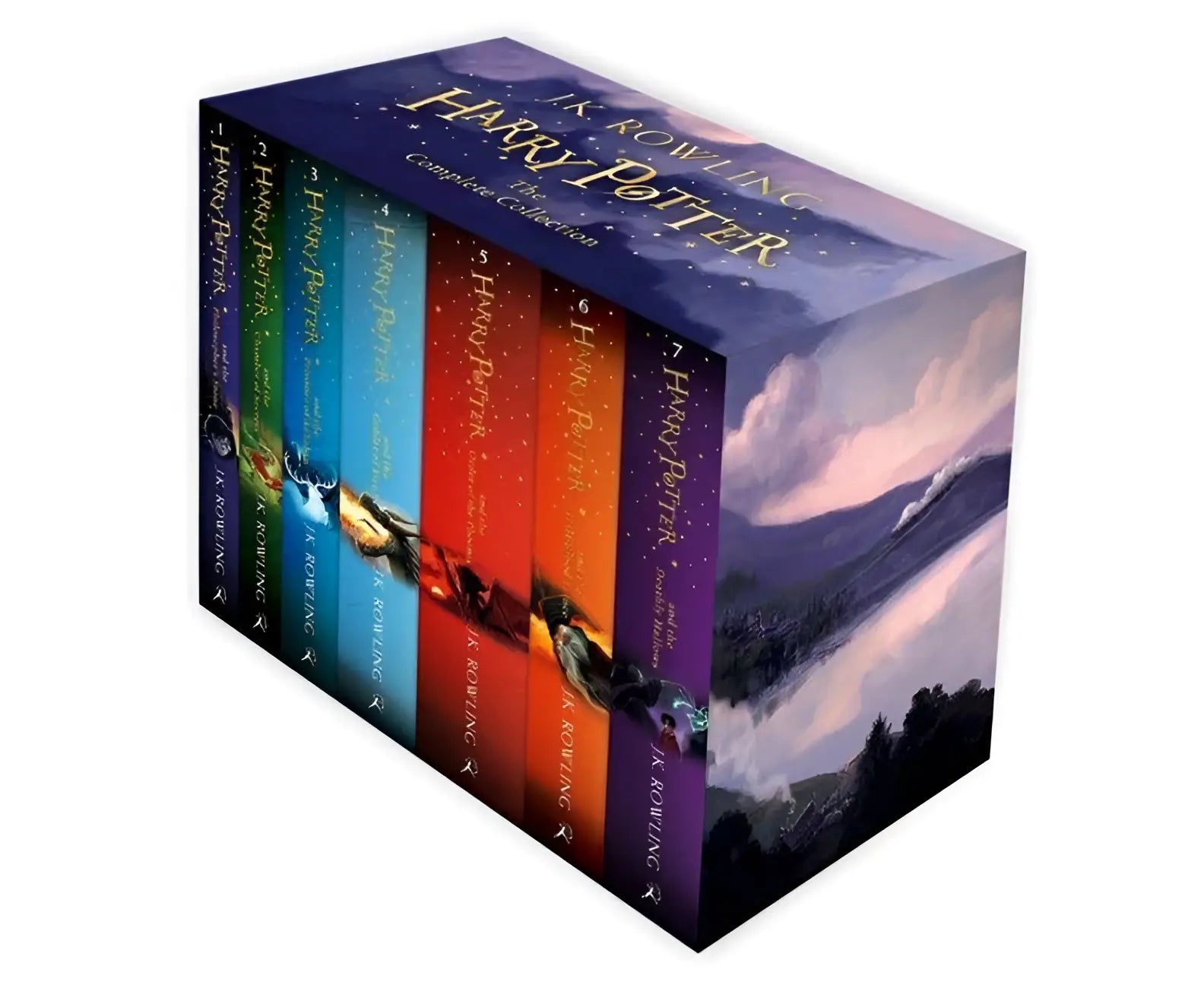 Harry potter box set complete collectie met zeven hardcover boeken in levendige kleuren in glanzende geïllustreerde doos bestel harry potter