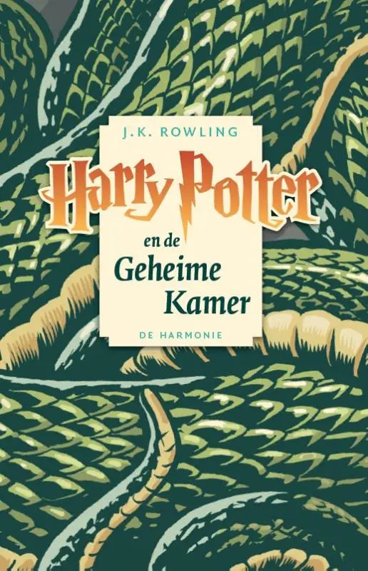 The book cover of harry potter en de geheime kamer features orange and green letters with a green snake illustration