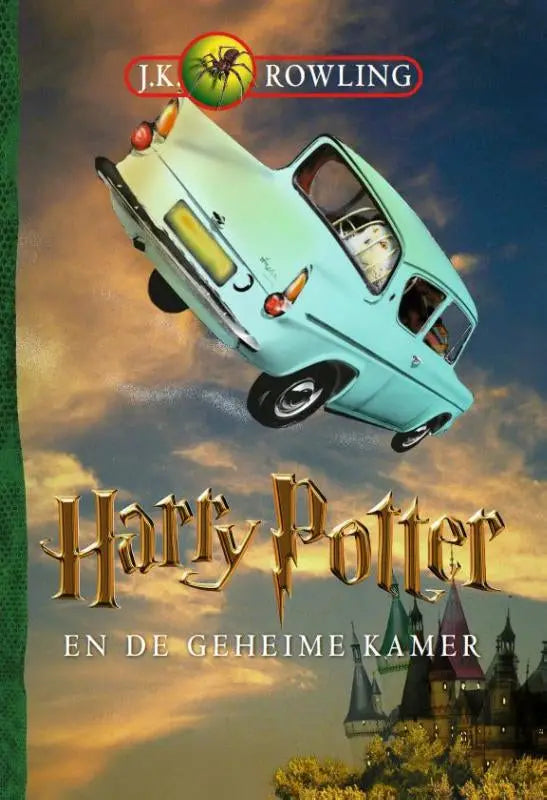 Een lichtblauwe vintage stijl vliegende auto met ronde carrosserie en zichtbare interieur details uit Harry Potter en de geheime kamer