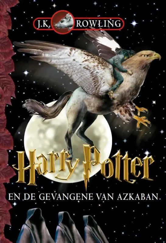 De cover van de nederlandse editie van harry potter en de gevangene van azkaban met gouden titel en volle maan