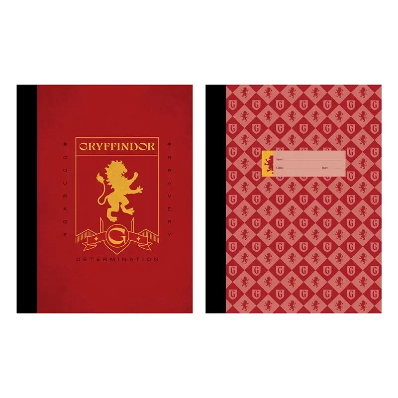 Rood gryffindor notitieboekenset met gouden leeuw emblemen en moed en vastberadenheid motto op kaften