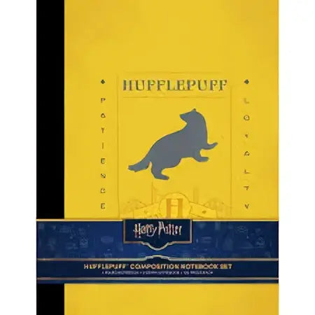 Gele hufflepuff notitieboek met blauwe katten-silhouet en marineblauwe band met harry potter logo voor schrijvers