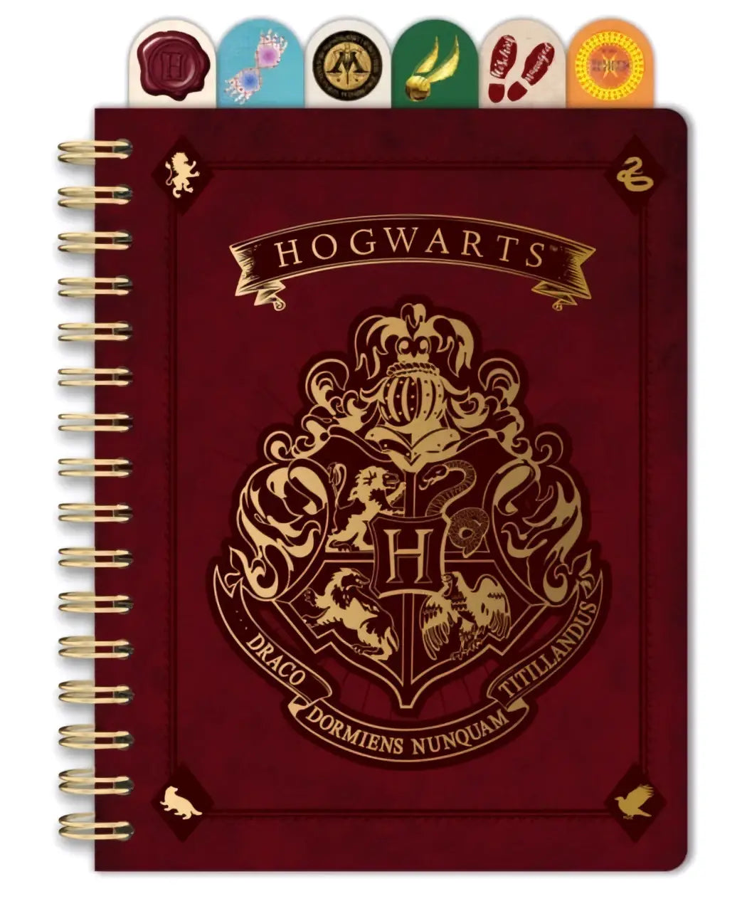 Harry Potter magical moments spiralen notitieboek maroon met goud gegraveerd Hogwarts-wapen en decoratieve hoeken