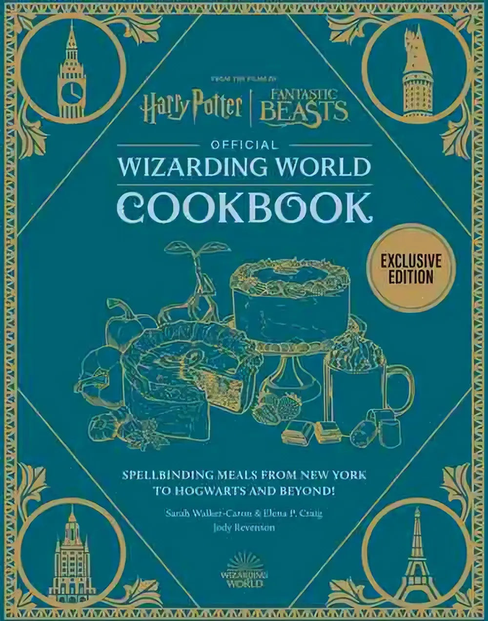 Teal en gouden geïllustreerd kookboek met magische harry potter gerechten door Veronica Hinke en Jody Revenson