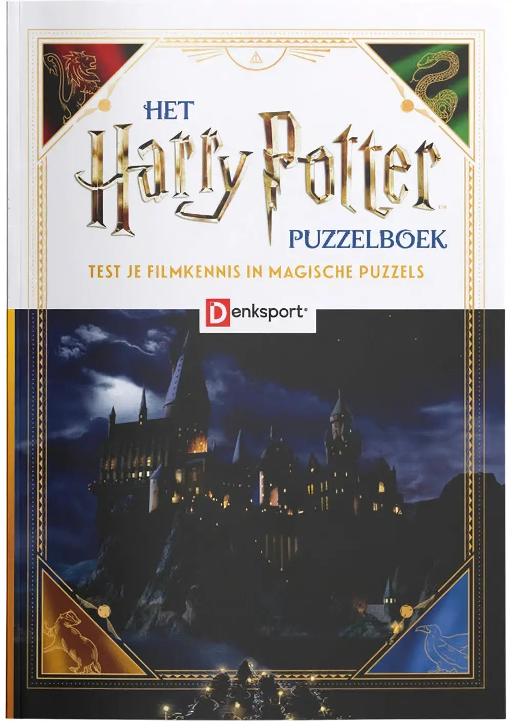 Harry potter puzzelboek met donkere, verlichte kasteelillustratie op de omslag voor denksportfans