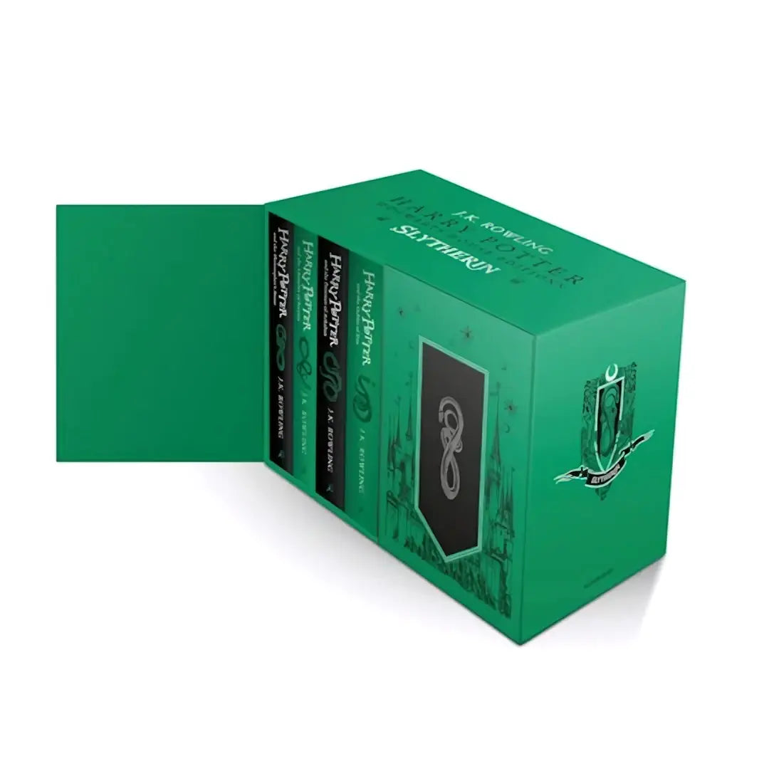 Harry potter slytherin hardback box set met groene thematische omslagen voor potter slytherin hogwarts fans