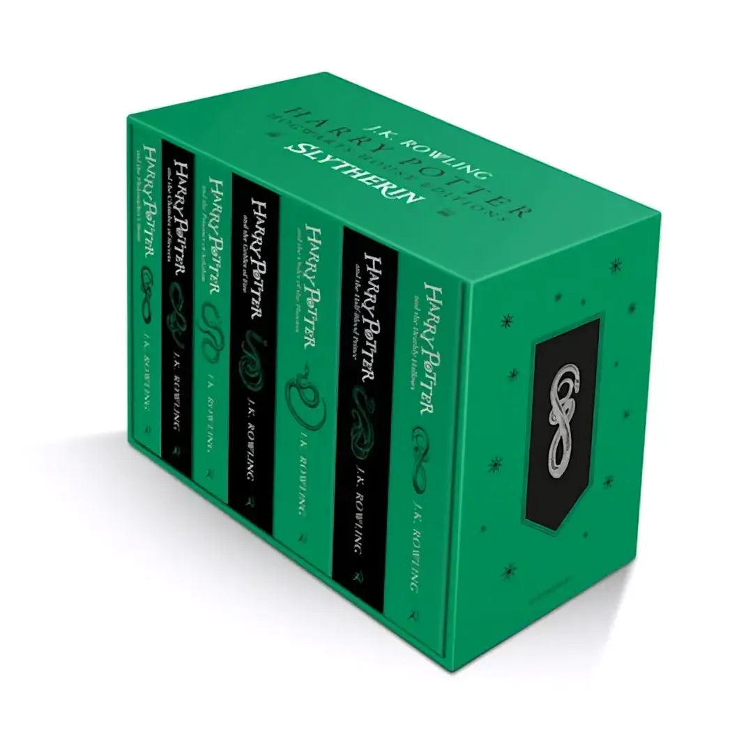 Green hardcover harry potter slytherin hogwarts house paperback box set with black spines and silver serpent emblem