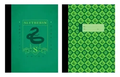 Harry Potter slytherin notebook set met groene kaft, zwarte rug en zilveren slangembleem op de voorkant