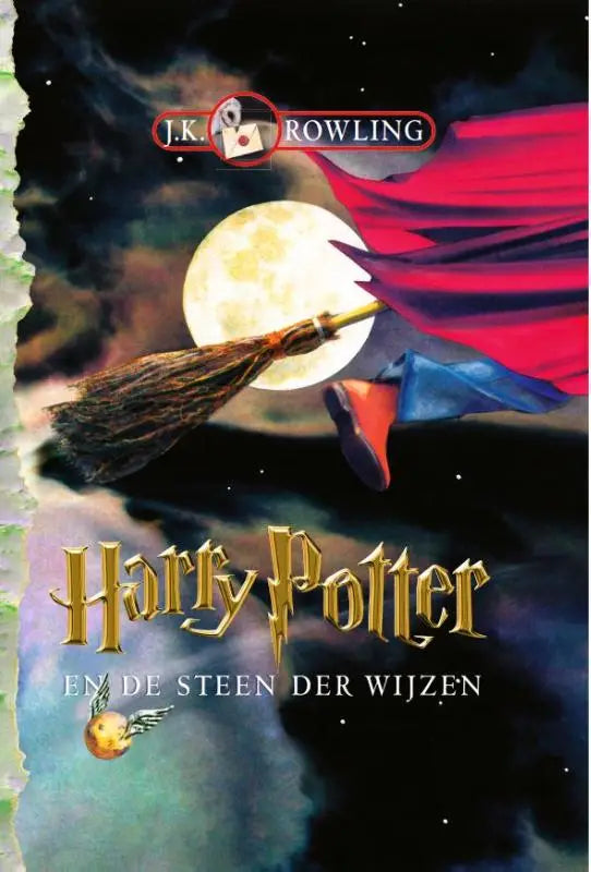 Cover van de nederlandse editie van harry potter en de steen der wijzen met bezemsteel en volle maan