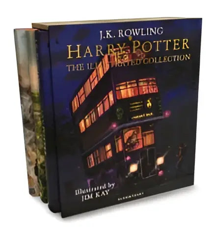 Harry potter the illustrated collection hardcover set with dark blue cover gold lettering and illuminated windows