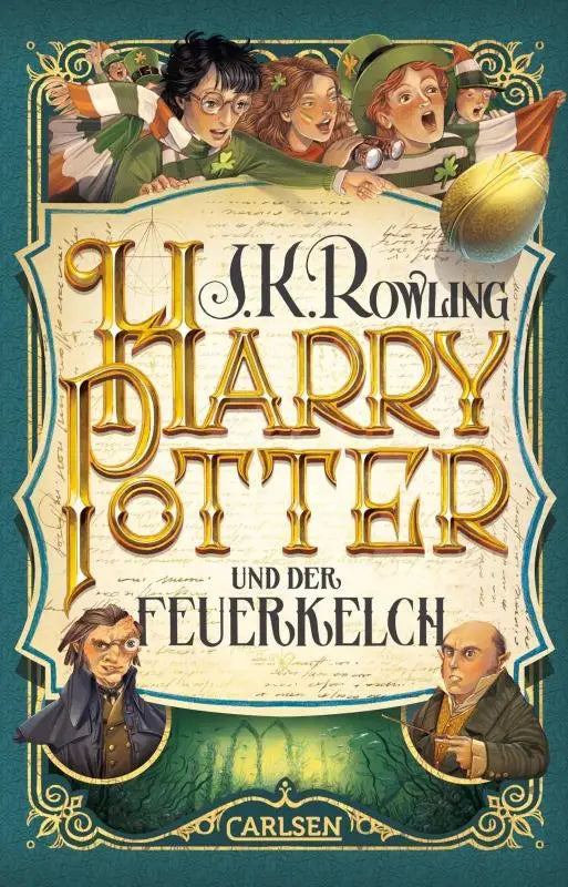 Vintageboek harry potter und der feuerkelch met gouden reliëf en groene illustraties op een turkooizen achtergrond