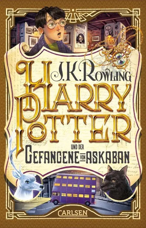 Golden-embossed title on cream harry potter und der gefangene von askaban book cover with purple bus stag dog illustrations
