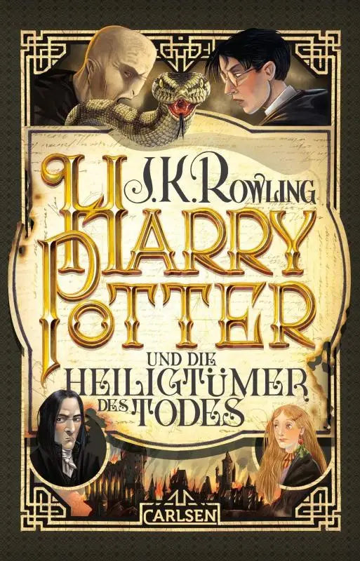 De cover van het duitse kinderboek harry potter und die heiligtümer des todes over hogwarts en tovenaar