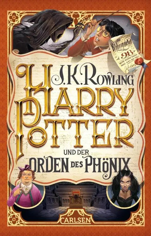 Cremekleurig kinderboek harry potter und der orden des phönix met goudfolie titel en illustraties van harry potter en hogwarts
