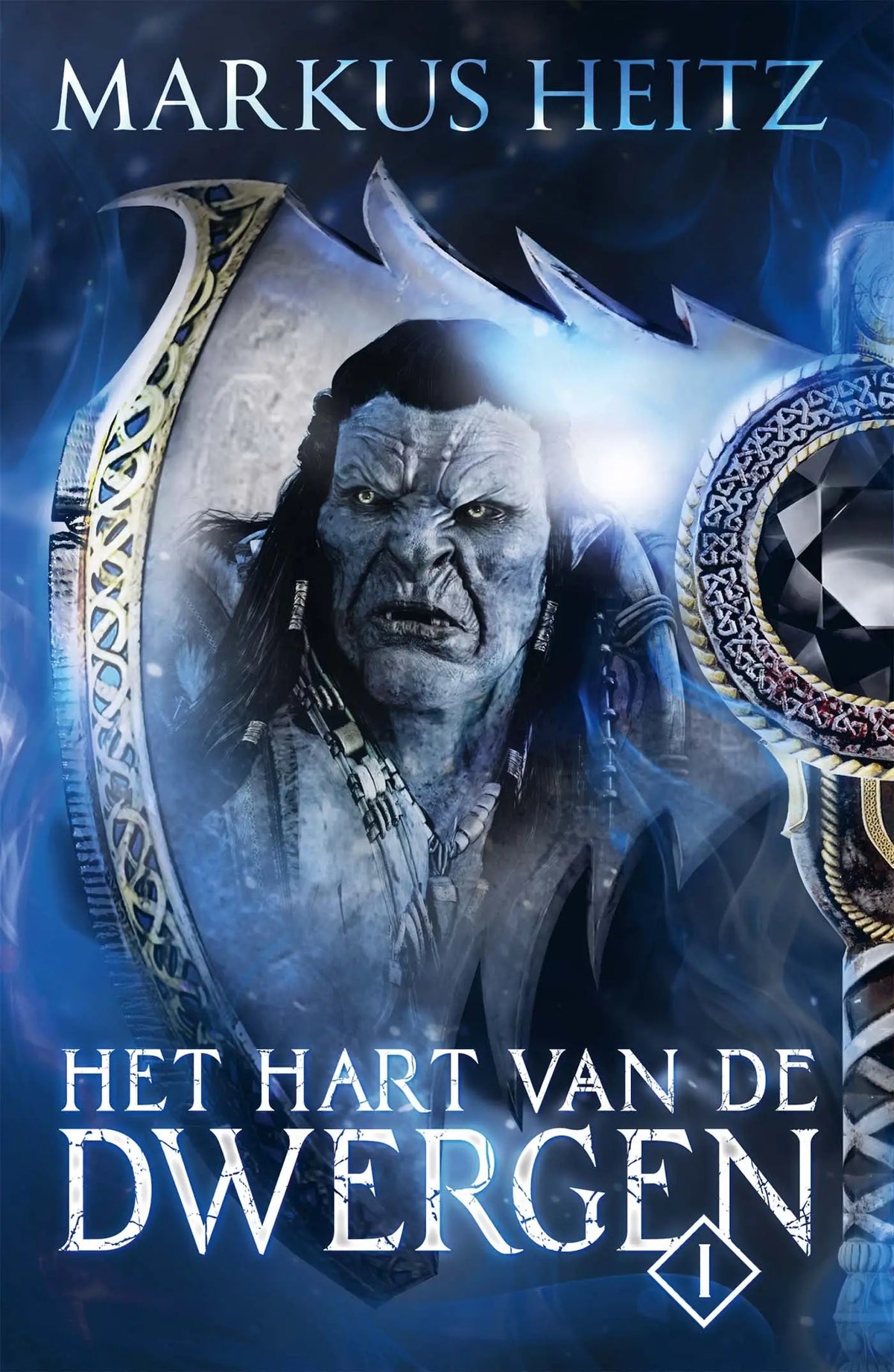 Fantasy boek cover van het hart van de dwergen i met blauwe dwerg en gouden zilveren armor ontwerp door markus heitz luitingh sijthoff