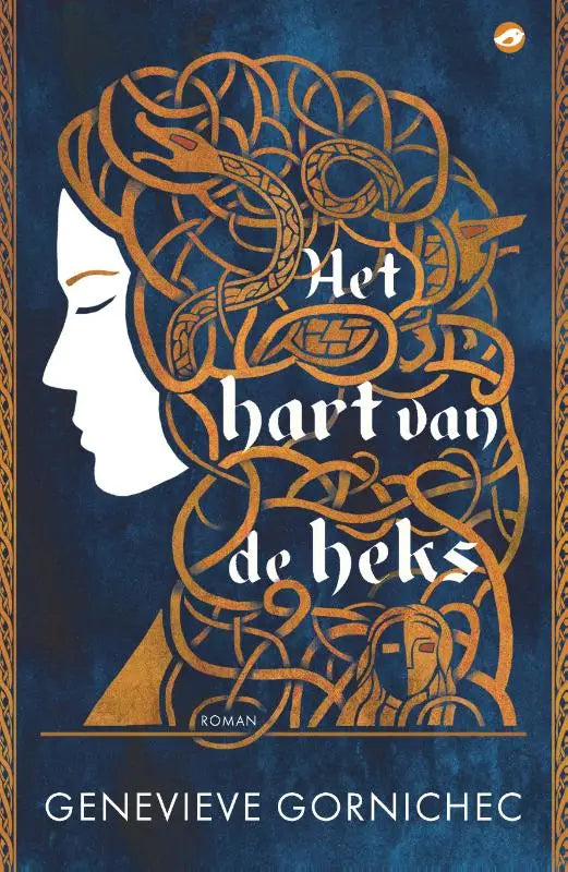 Het hart van de heks boek van genevieve gornichec met witte vrouwenfiguur en gouden noordse knoopwerken op blauw