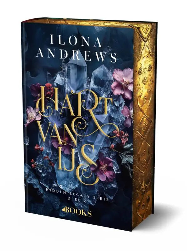 Hart van ijs hardcover boek met donkerblauwe kaft, goudfolie en kristalachtige ontwerpen, perfect voor liefhebbers van ilona andrews hidden legacy love books