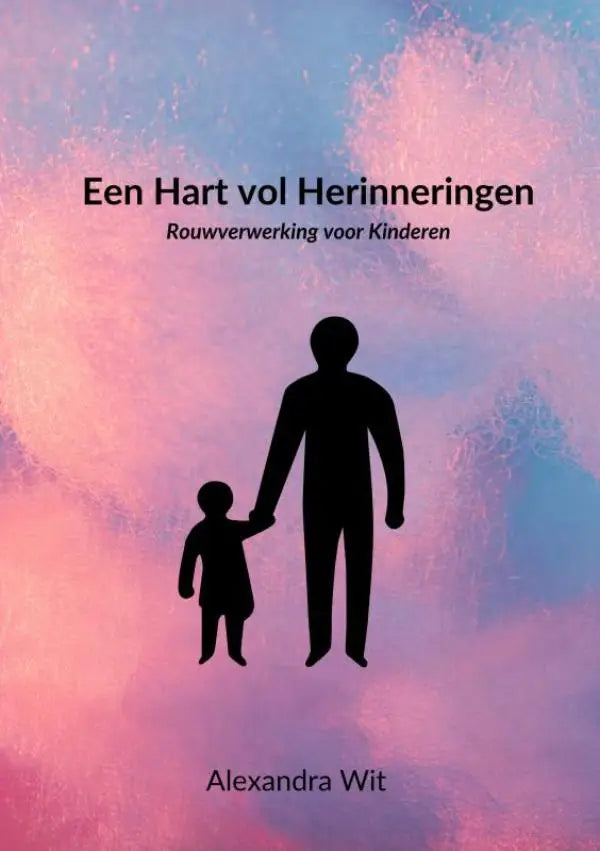 De boekcover van een hart vol herinneringen toont een zwarte silhouet van een volwassene en kind hand in hand voor jonge lezers