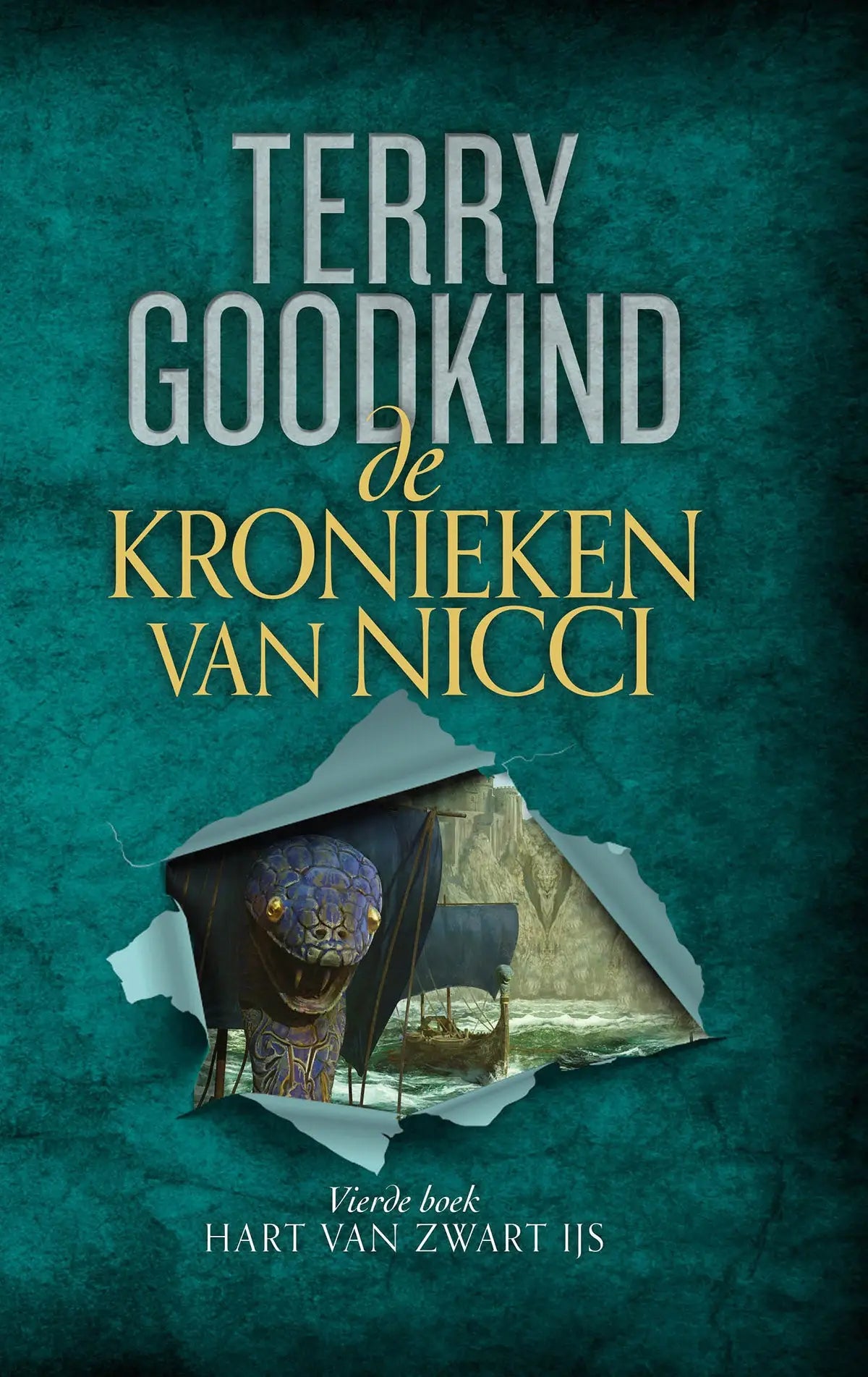 Teal boekomslag hart van zwart ijs met gescheurde papier effect en paarse sierlijke slangkop illustratie zwart ijs luitingh sijthoff fantasy