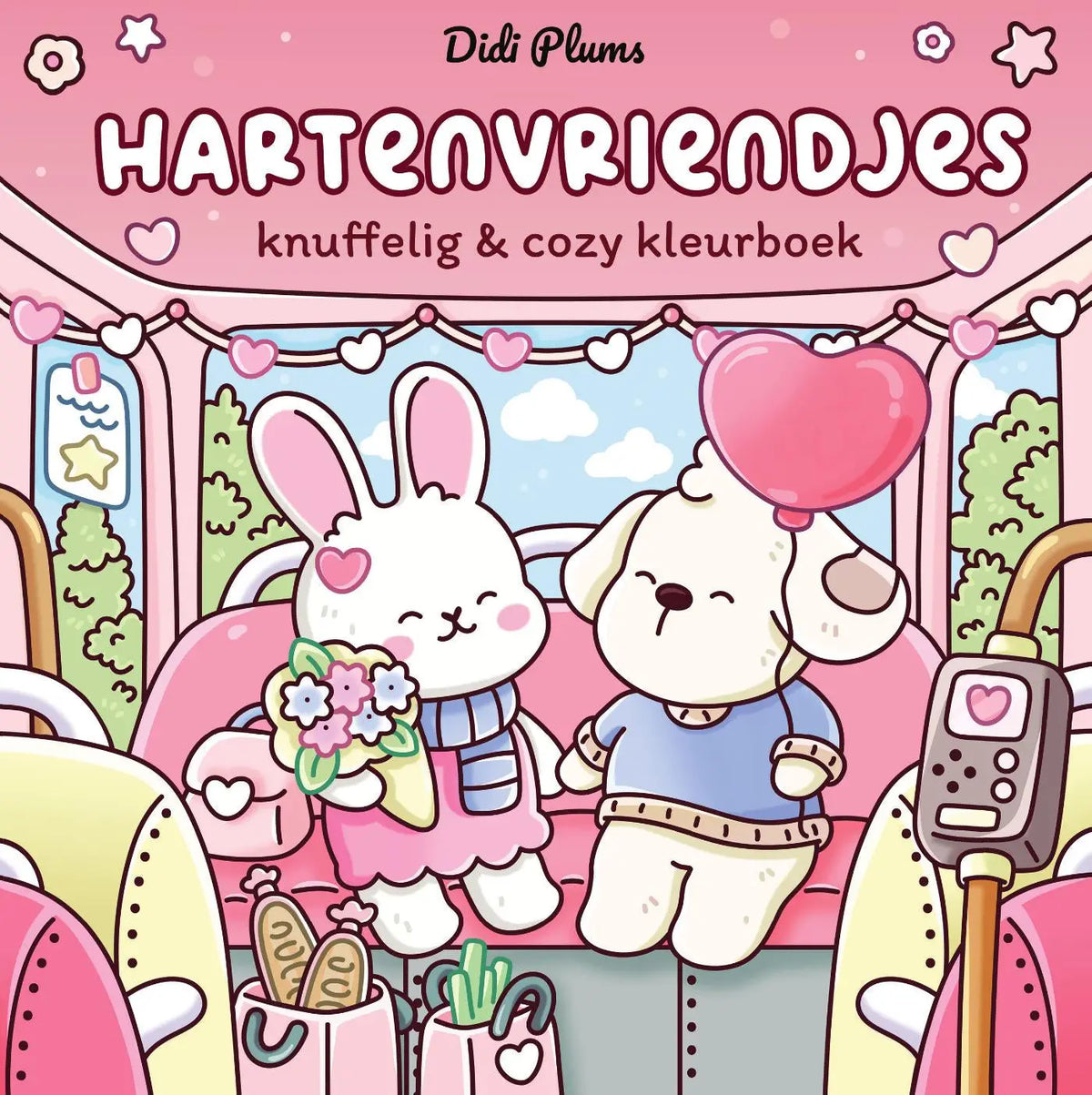 Roze kleurboek hartenvriendjes van didi plums met schattige konijnen en honden tijdens busrit voor kinderen