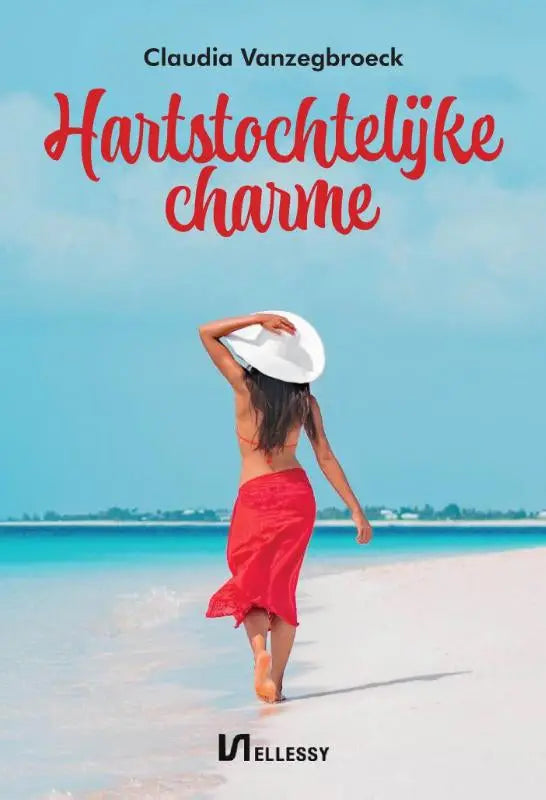 Vrouw in hartstochtelijke charme rode rok en witte zonnehoed loopt blootsvoets op het strand met zwoele ritmes