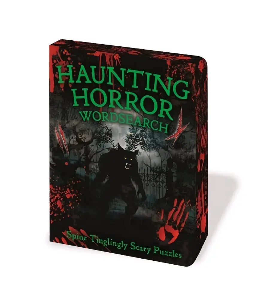 Zwart en rood haunted horror woordzoekboek met groene letters voor een uitdagende haunting horror wordsearch ervaring