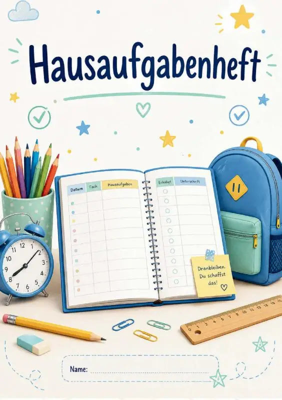 Blauw spiraalgebonden hausaufgabenheft met geruit papier en duitse koppen en een geel plakbriefje aan de rechterpagina