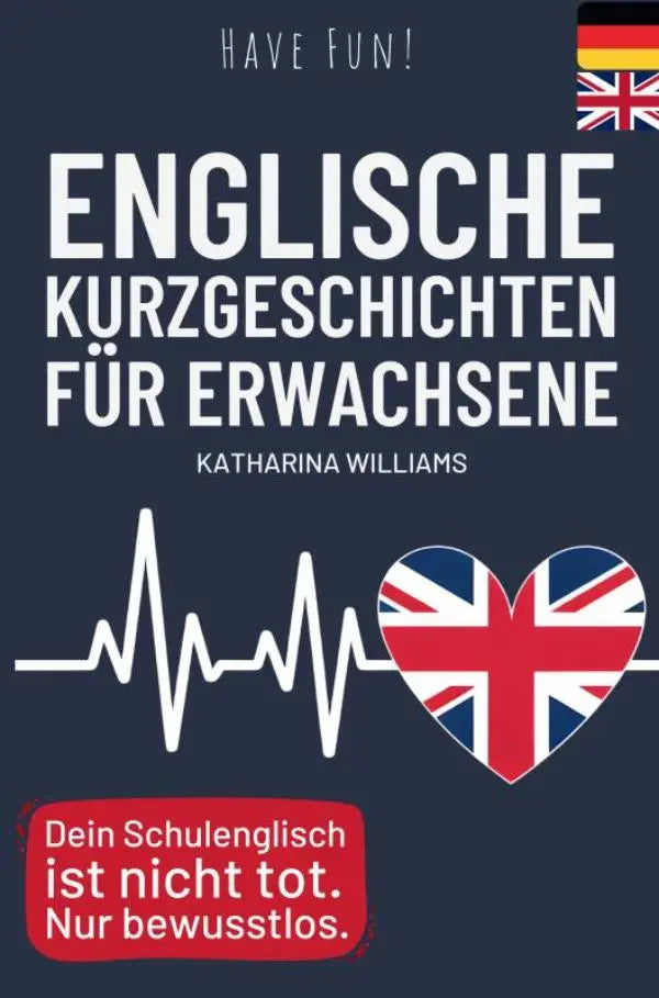 Donkerblauw boek met witte tekst en hartvormige union jack vlag voor have fun en zeitaufwand englisch lernen met vokabellisten und