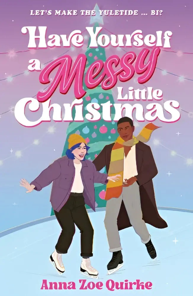 De boekomslag van have yourself a messy little christmas toont speelse roze en witte letters op een feestelijke paarse achtergrond