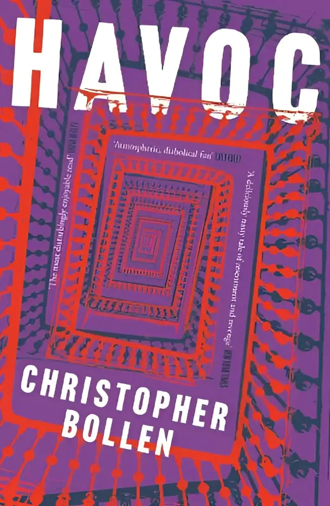 De boekcover van havoc door christopher bollen toont vet witte letters op een paars en oranje geometrisch patroon