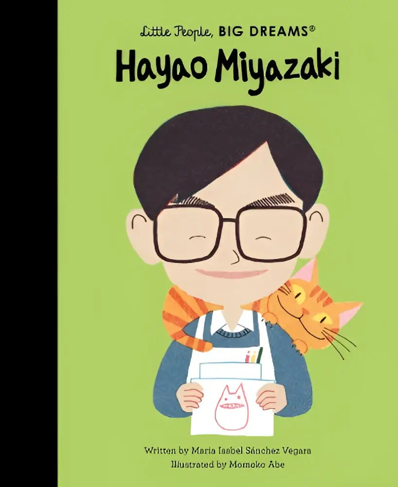 Een kinderboekencover van hayao miyazaki met een blauw vest en een oranje kat voor jonge lezers en little people
