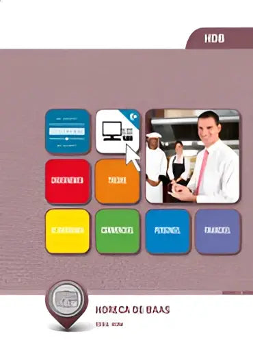 Digitale interface van het product hdb 1 horeca de baas met kleurrijke knoppen en iconen voor computers en tablets