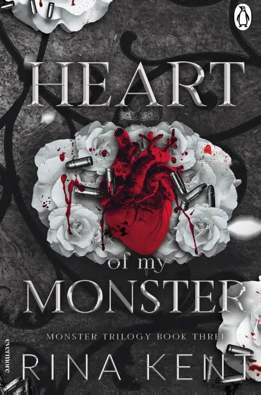 Een opvallend rood hart omgeven door witte rozen en kogels met bloedvlekken op de cover van heart of my monster door rina kent dark romance uit de monster trilogy