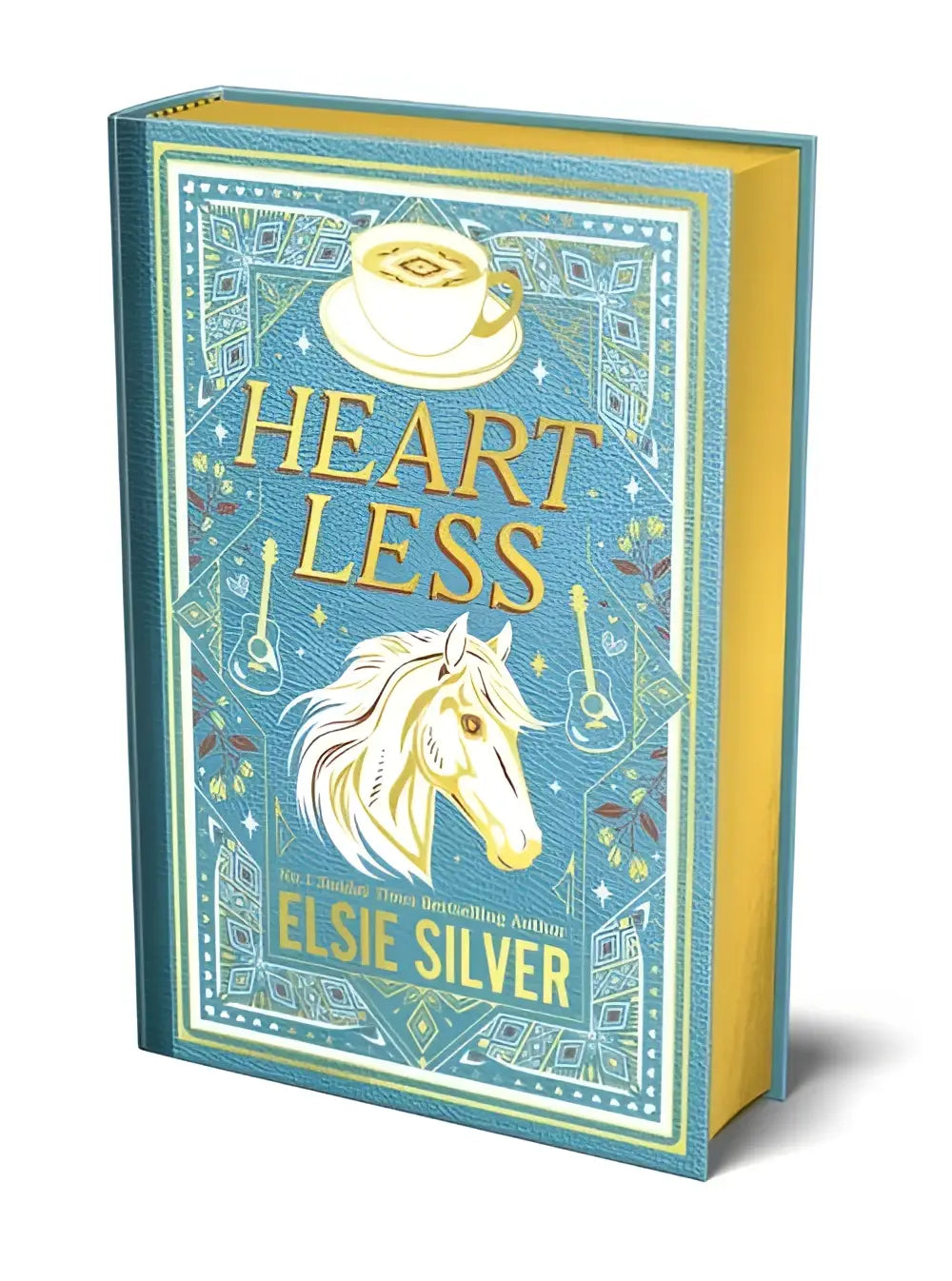 Teal en gouden hardcover collector’s edition boek heartless door elsie silver met witte paardenkop, cowboy romance single dad