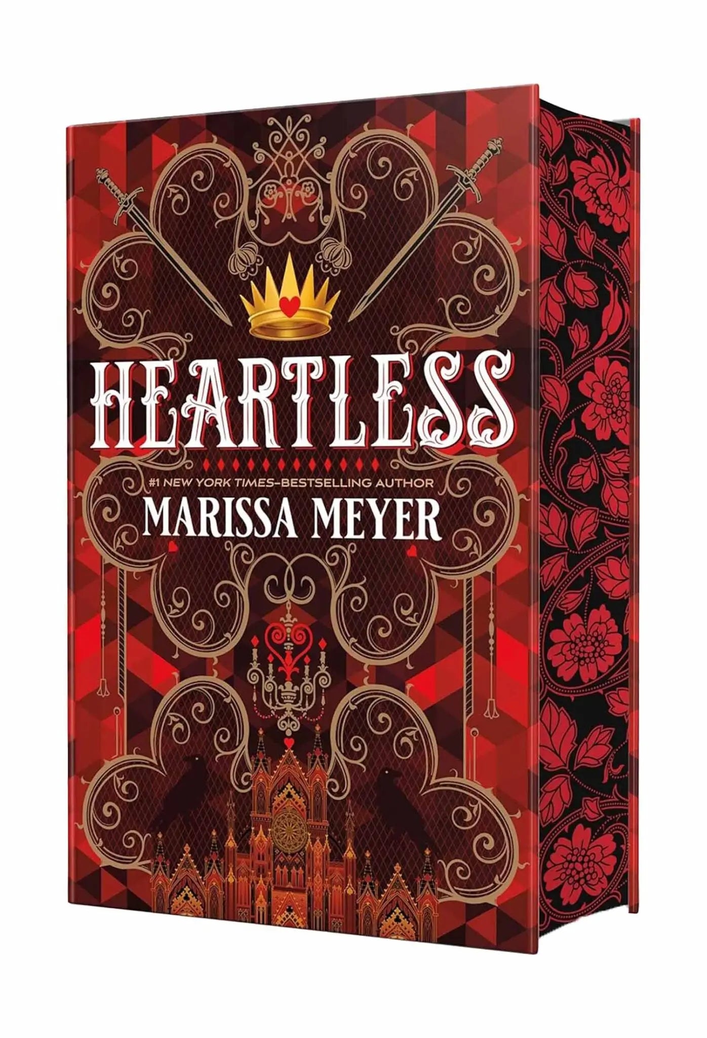 Rode en zwarte ornamentale hardcover ya fantasy boek met goud detailing heartless deluxe edition door marissa meyer