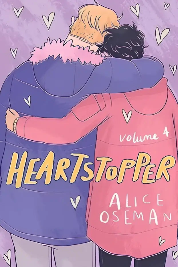 De cover van heartstopper volume 4 door alice oseman toont twee personages in paarse en felroze capuchons tegen een lavendelkleurige achtergrond