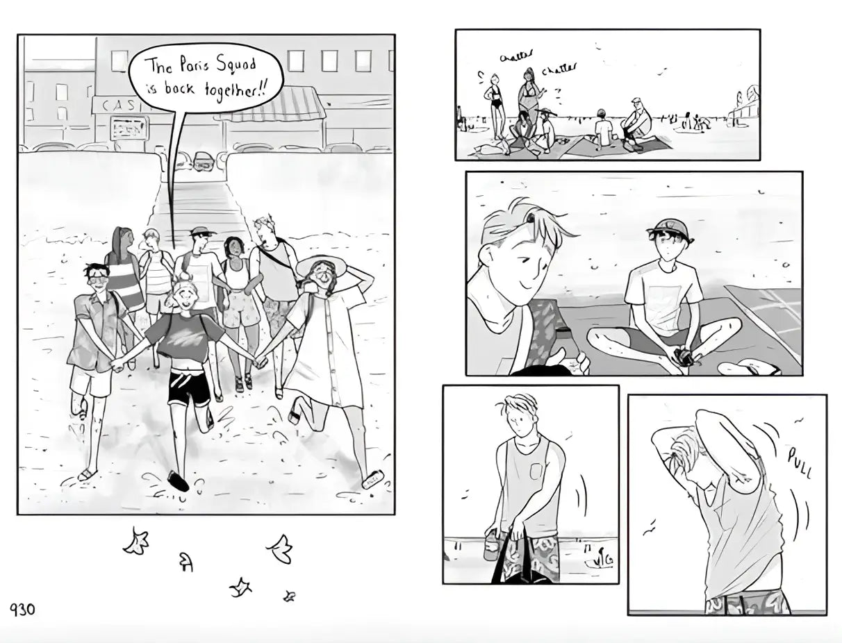 Zwarte-wit comicpagina uit heartstopper volume 4 van alice oseman met personages die door ondiep water rennen en beach scènes