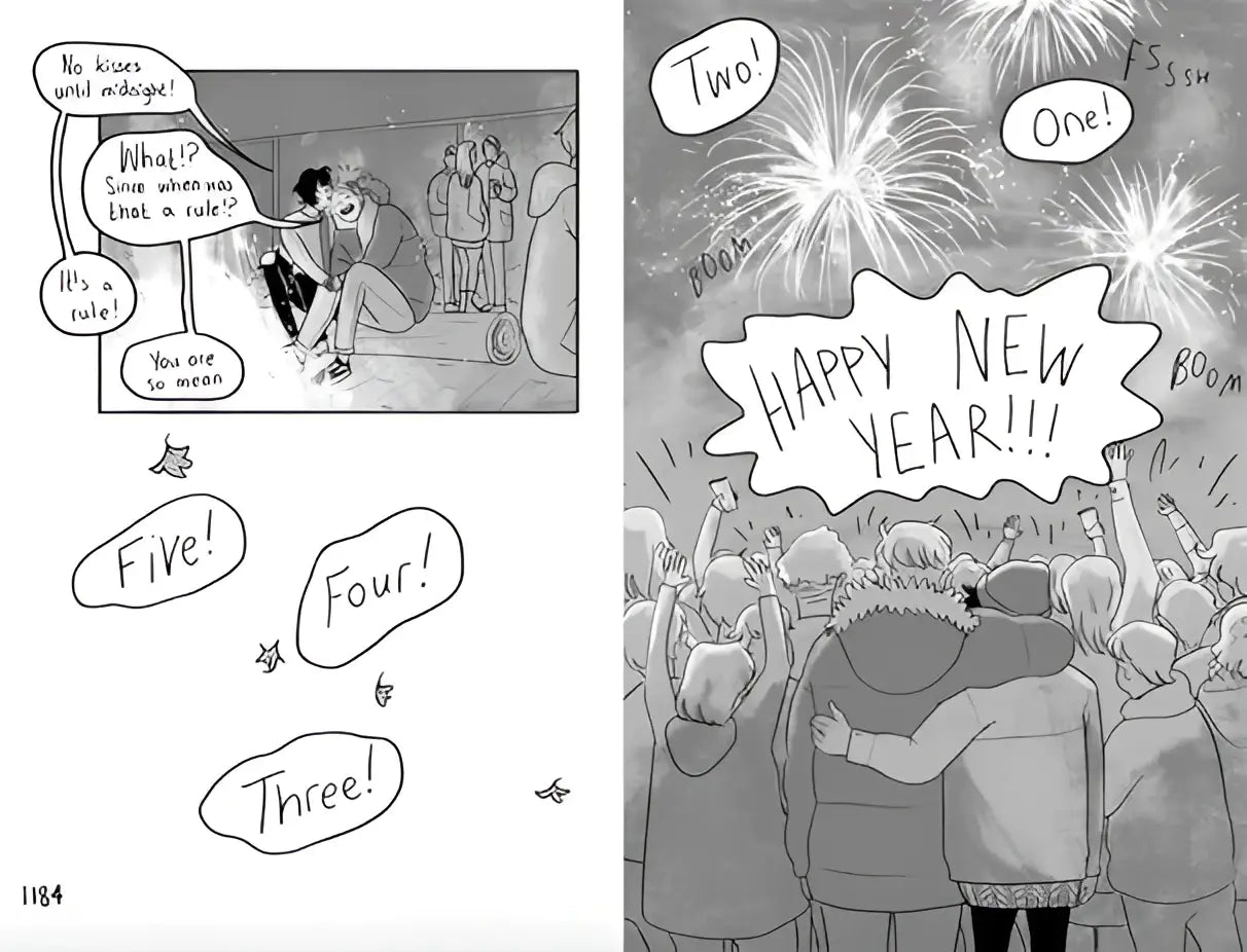 Zwartwit comicpagina uit heartstopper volume 4 van alice oseman met countdown naar nieuwjaar en vuurwerkreacties