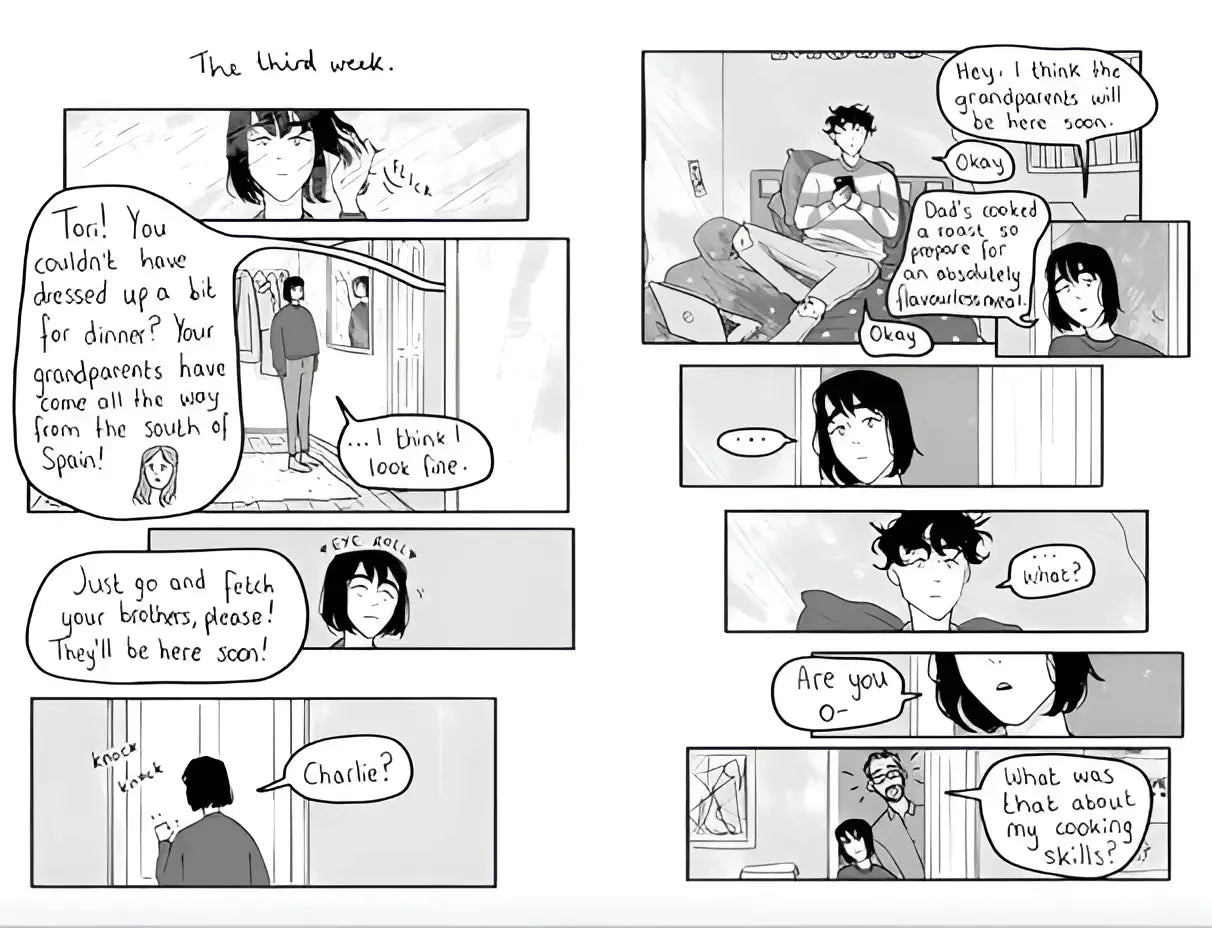 Zwart-wit stripplaat uit heartstopper volume 4 van alice oseman met personages in binnenscènes en dialoog, vierde deel