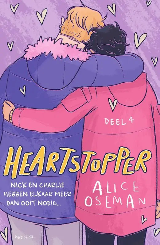 Cover van heartstopper volume 4 het vierde deel van alice oseman met twee personages in kleurrijke jasjes met harten
