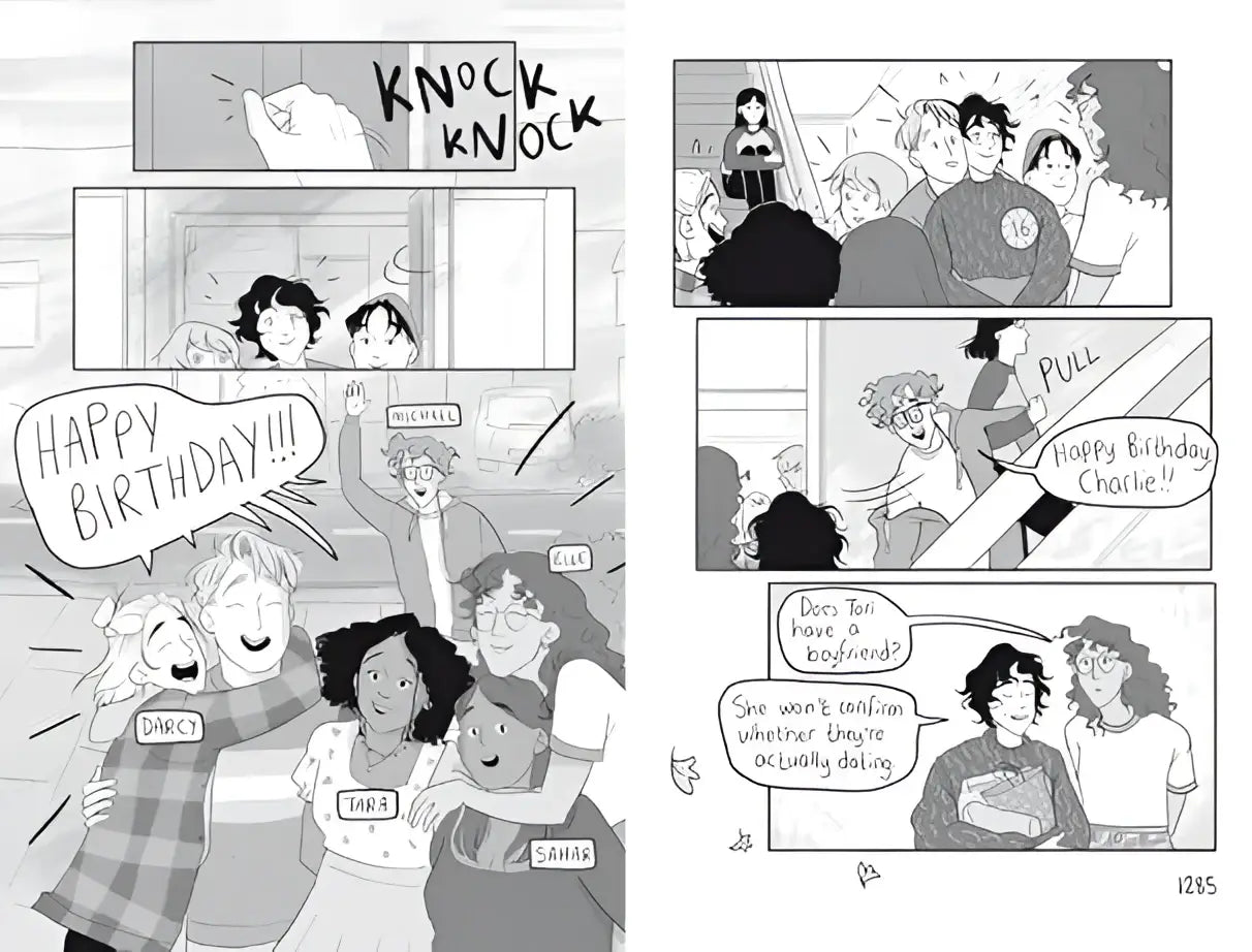 Black-and-white comic panel from heartstopper volume 5 by alice oseman showing an lgbtq+ graphic novel birthday scene