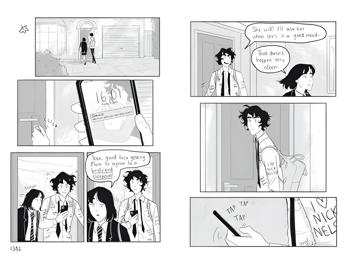 Zwartwit comicpagina uit heartstopper volume 5 van alice oseman met een personage dat een smartphone vasthoudt toont tijd 16:01