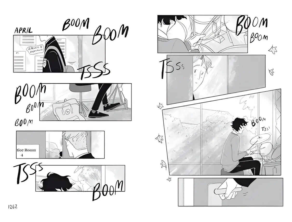 Zwart-wit comic panel van een drummer die speelt in een binnenruimte uit heartstopper volume 5 van alice oseman lgbtq+ graphic novel