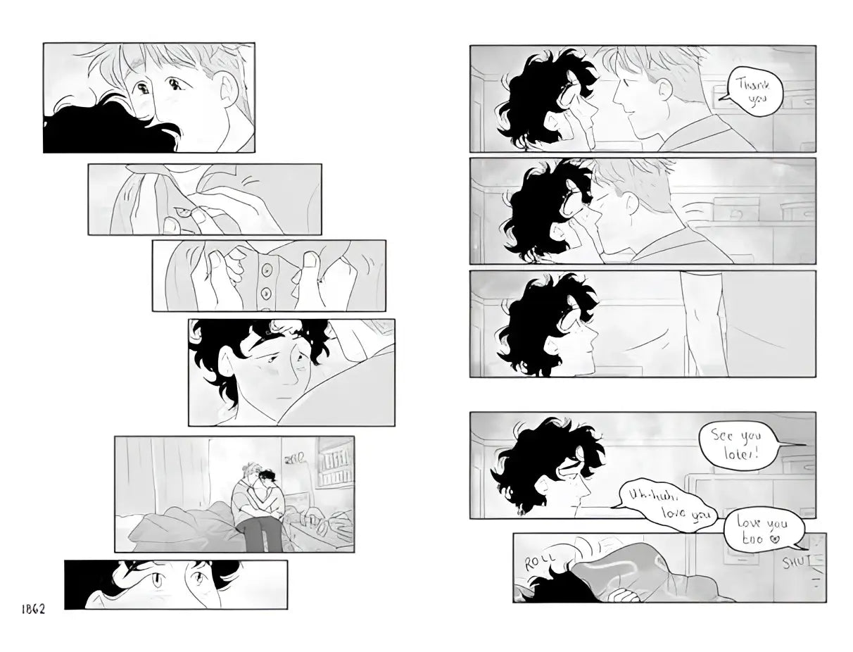 Black-and-white comic panel showing a romantic scene from heartstopper volume 6 by alice oseman graphic novel-serie