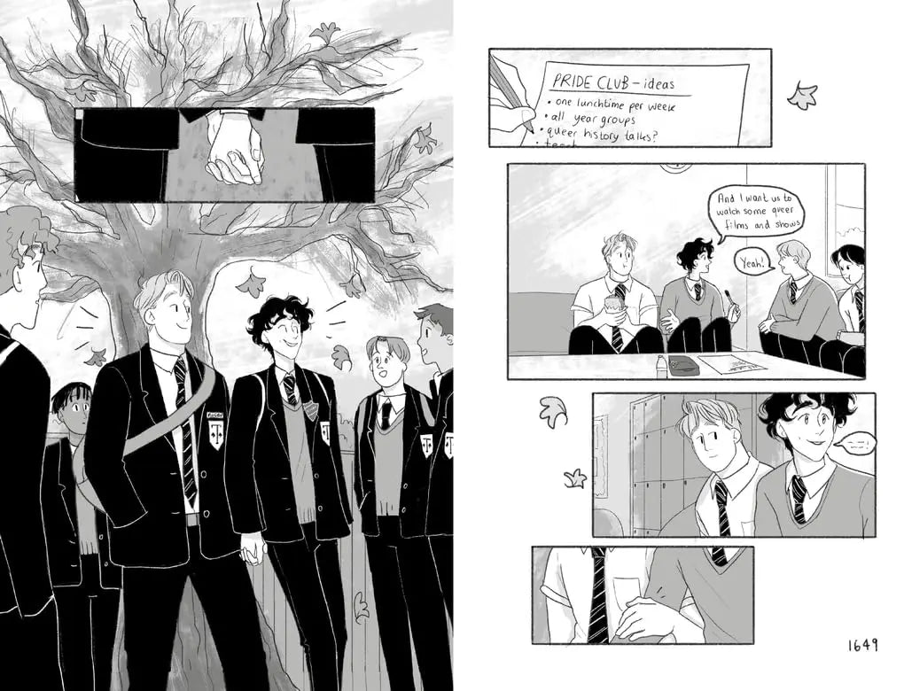 Black-and-white comic panel from heartstopper volume 6 by alice oseman featuring students discussing the pride club