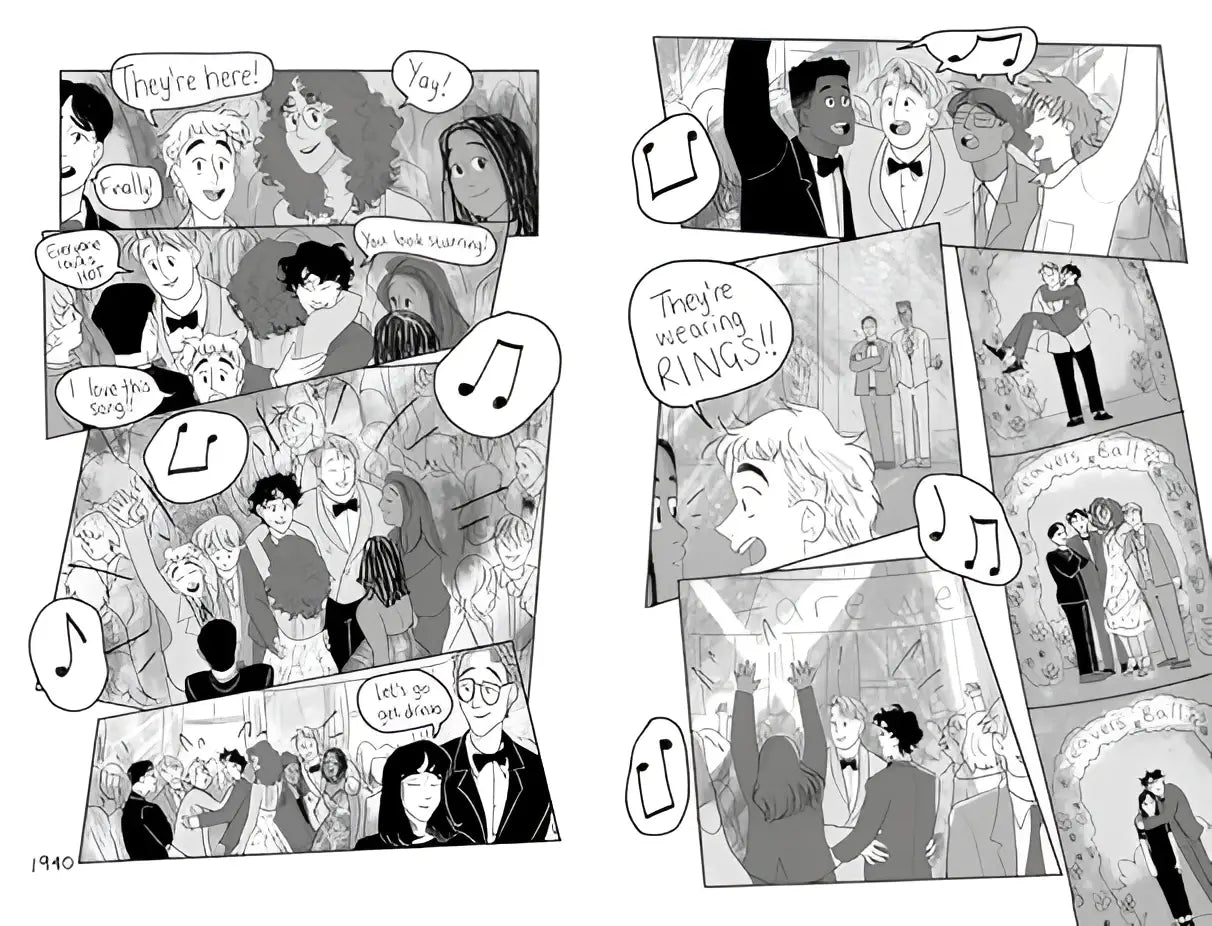 Zwart-wit stripboekpagina collage met diverse personages op een feest met tekstballonnen in heartstopper volume van alice oseman