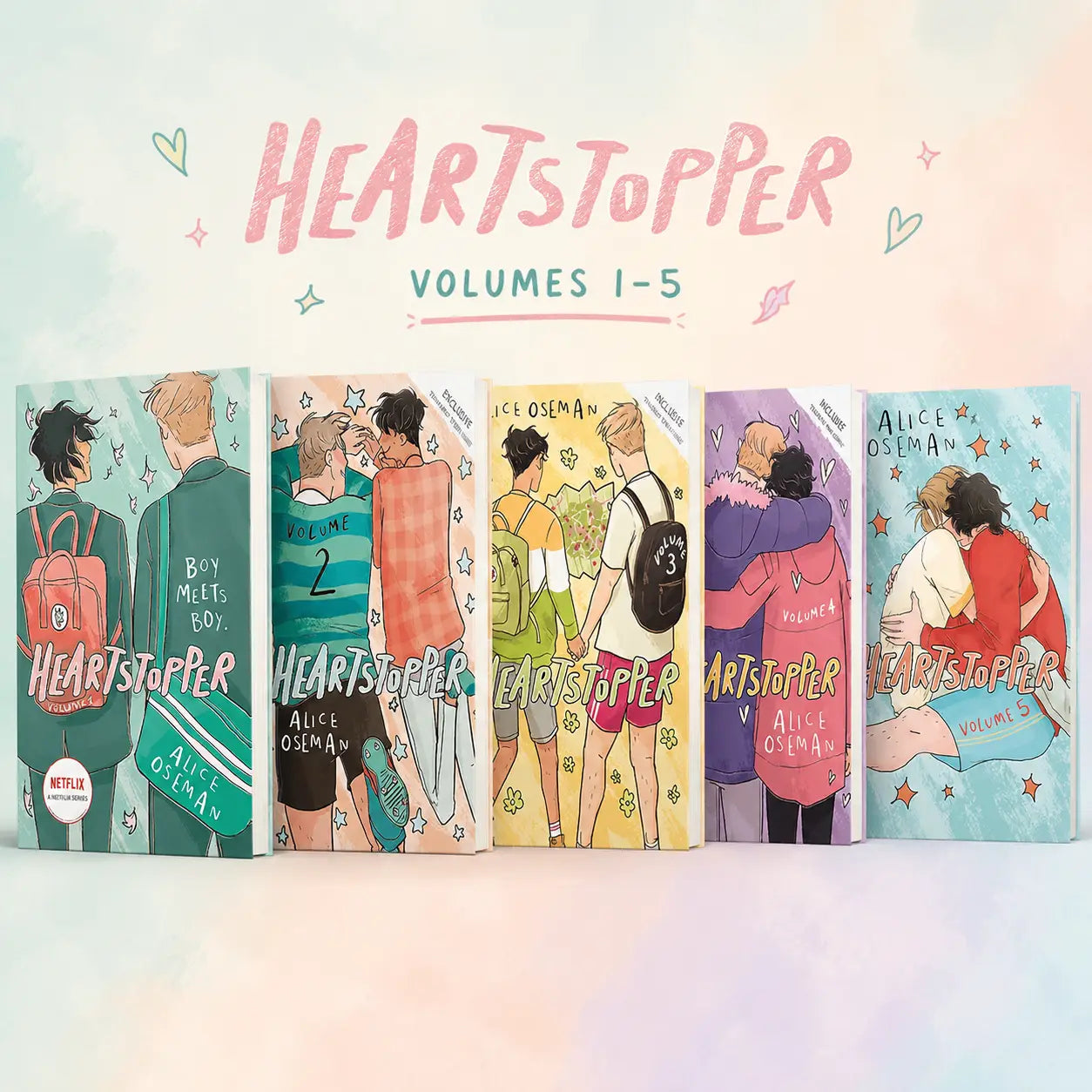 Set van vijf kleurrijke heartstopper volumes door alice oseman met levendige omslagen en diverse personages