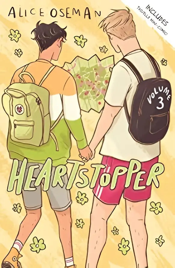 Cover art heartstopper volume 3 met twee karakters hand in hand tegen gele bloem achtergrond door alice oseman