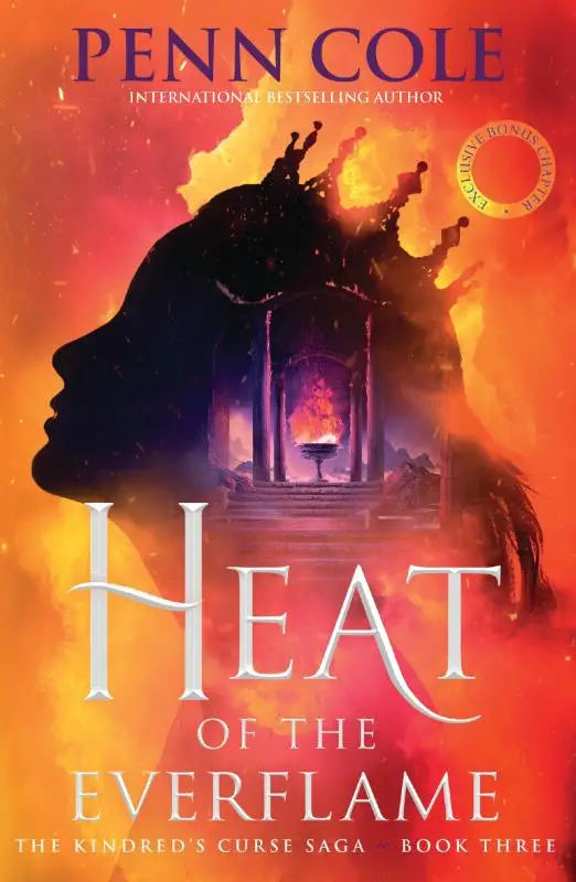 De spectaculaire derde boek heat of the everflame van penn cole toont een silhouet met kroon in oranje en rood vuur