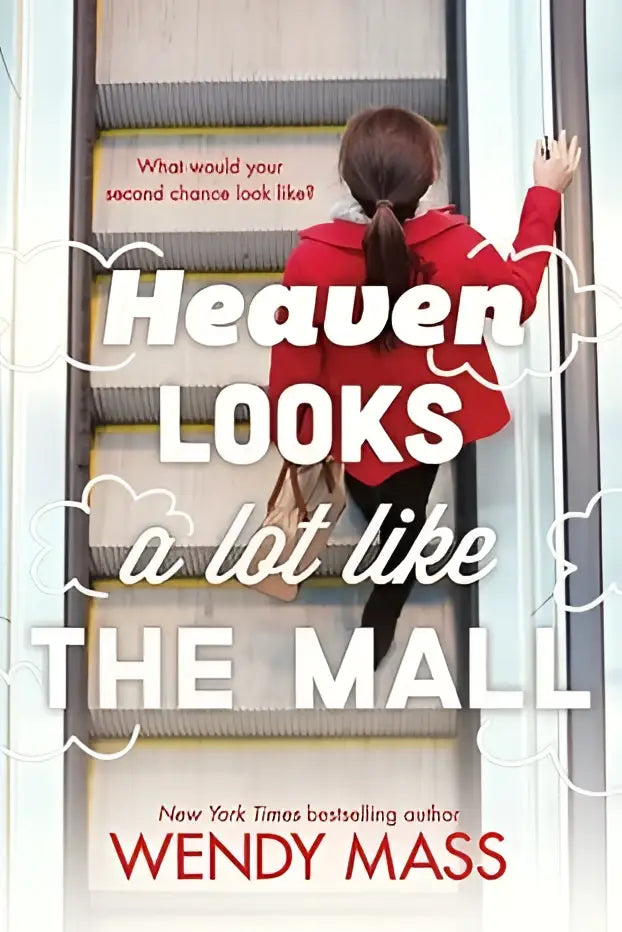 De omslag van het boek heaven looks a lot like the mall toont de titel in witte letters met auteur wendy mass eronder